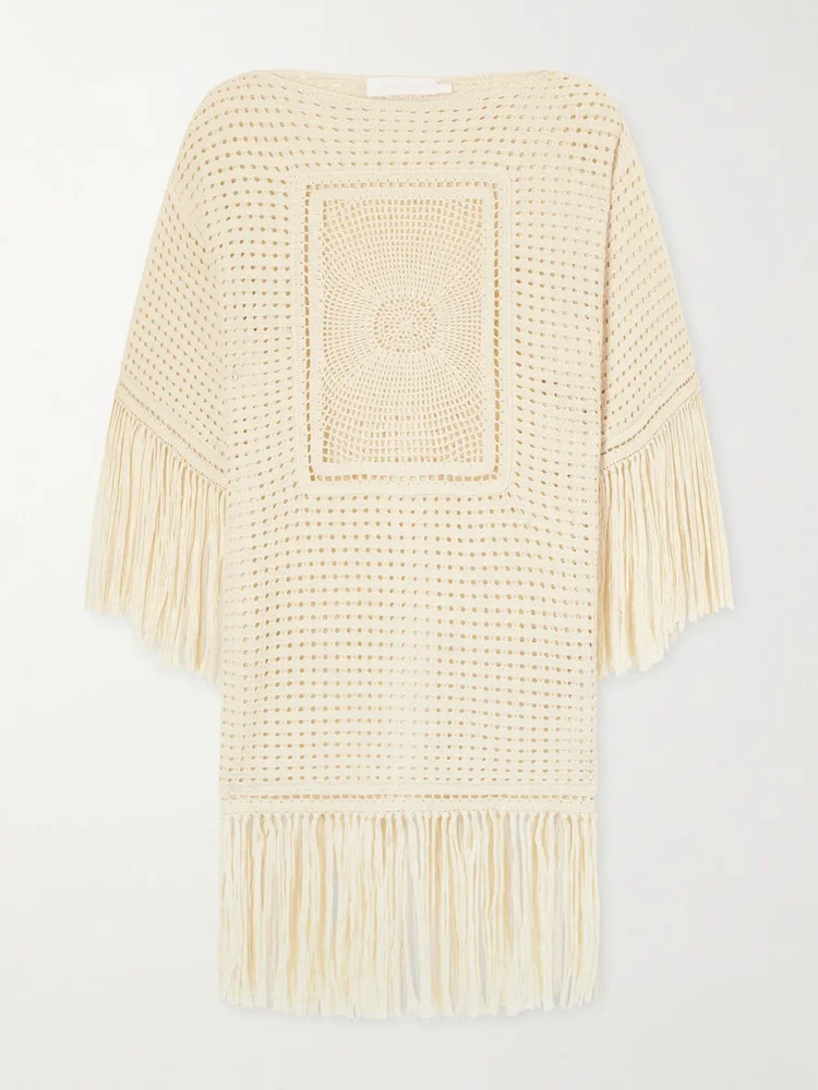 Indra fringed crocheted cotton mini dress