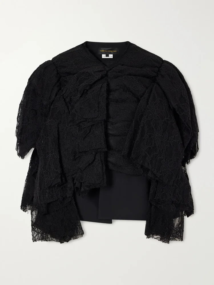 Ruffled lace and silk-blend georgette top