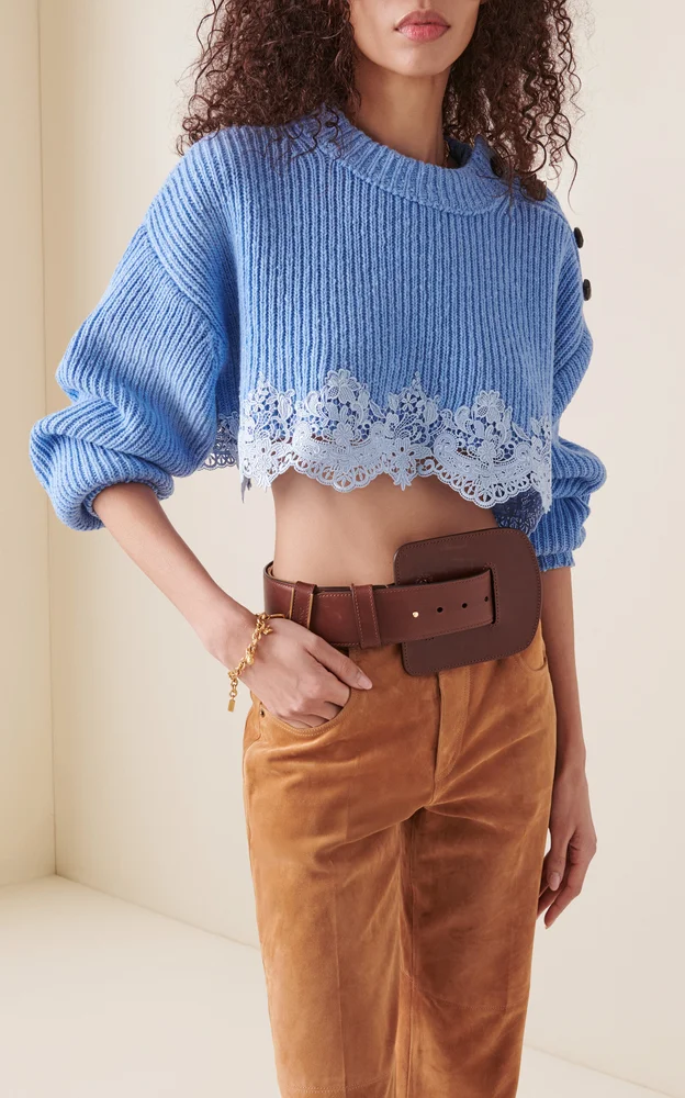 Lace-Trimmed Wool Cropped Sweater