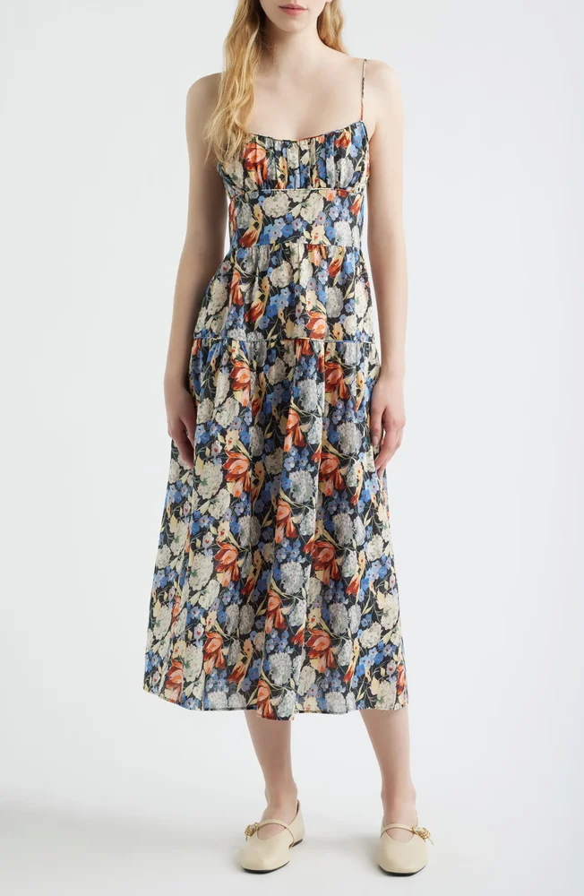 Benoit Floral Gathered Bust Tiered Midi Dress