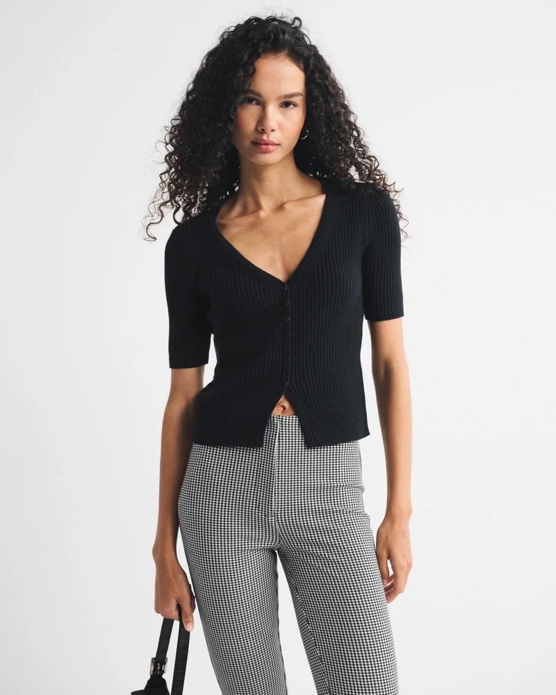 100% Cotton Rib Half-Sleeve Cardigan