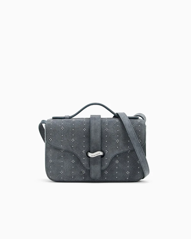Top handle bag in suede with studs and flap closure