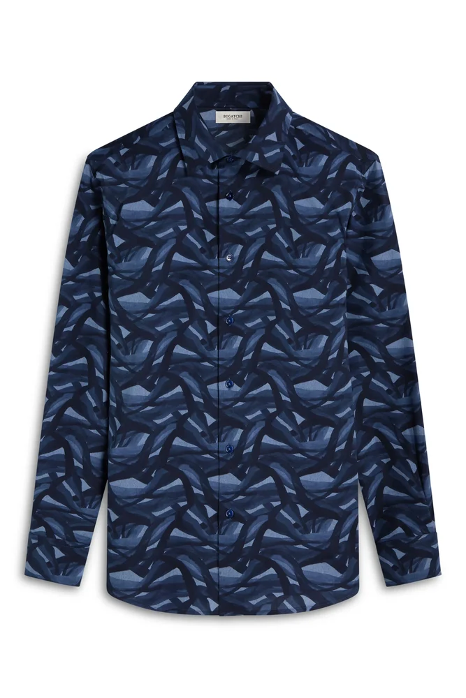Julian Shaped Fit Abstract Wave Print Stretch Cotton Button-Up Shirt