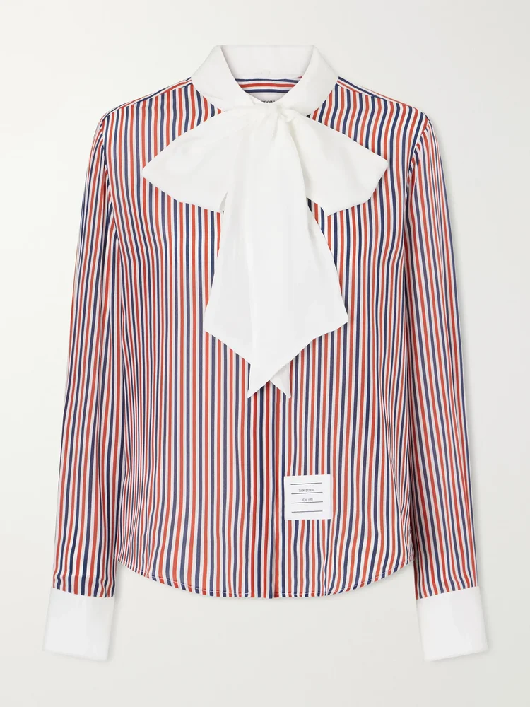 Bow-detailed striped silk crepe de chine shirt