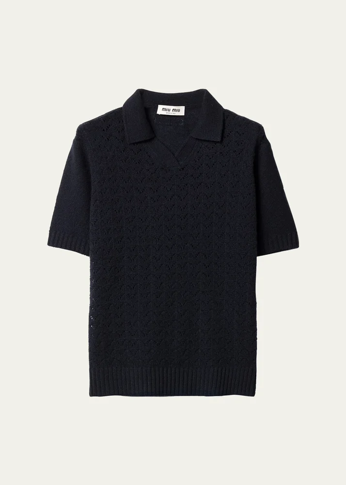 Pointelle Cashmere Knit Short-Sleeve Polo Sweater
