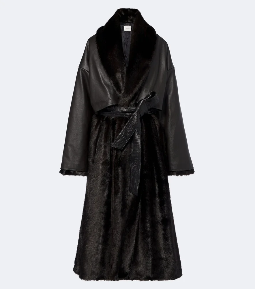 Belted leather-trimmed coat