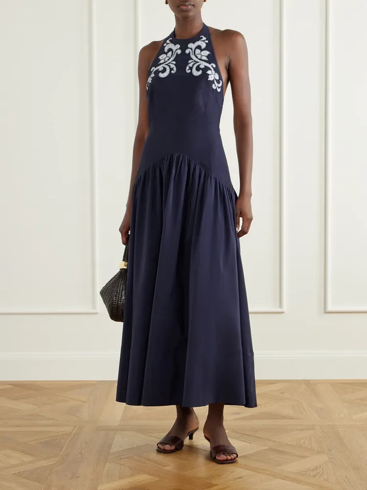Dillon crystal-embellished appliquéd embroidered cotton-blend poplin halterneck maxi dress