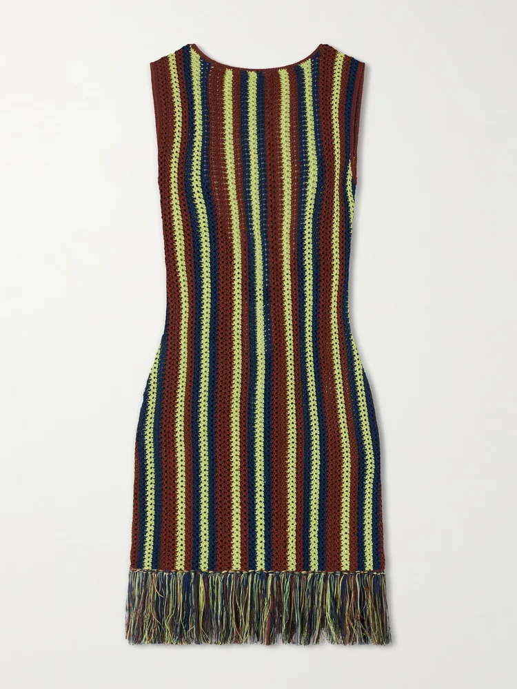 Misti Matcha striped fringe-trimmed crocheted cotton mini dress