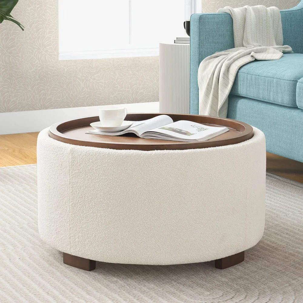 Caysey Round Storage Ottoman with Wooden Tray