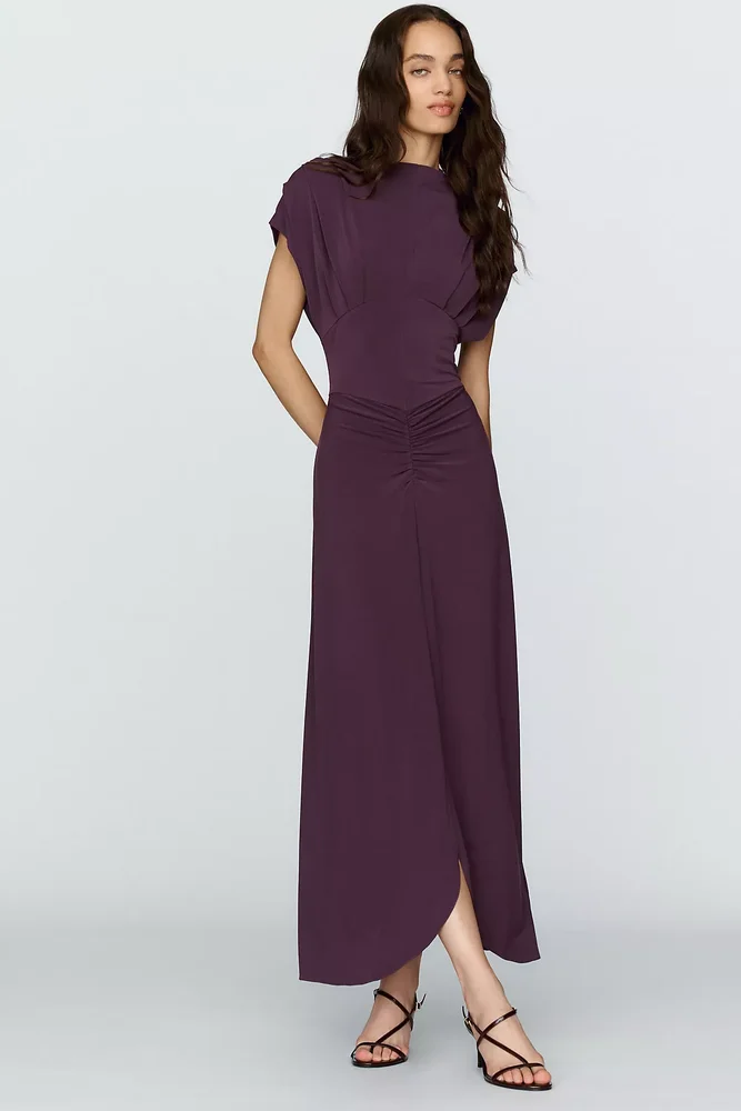 Ruched Drop Waist Knit Midi Dress