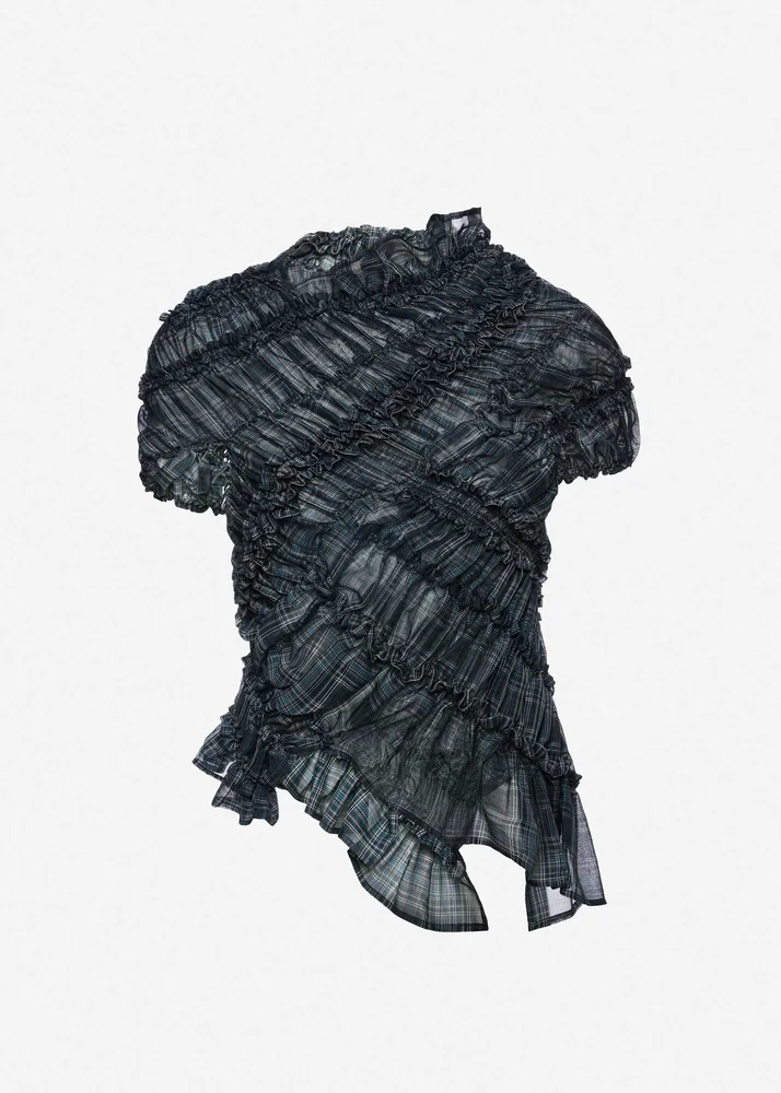 Magda Butrym Ruched cotton short sleeve blouse in blue check
