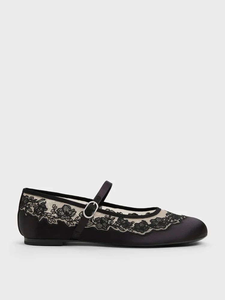 Satin Embroidered-Mesh Mary Jane Flats, Black Textured