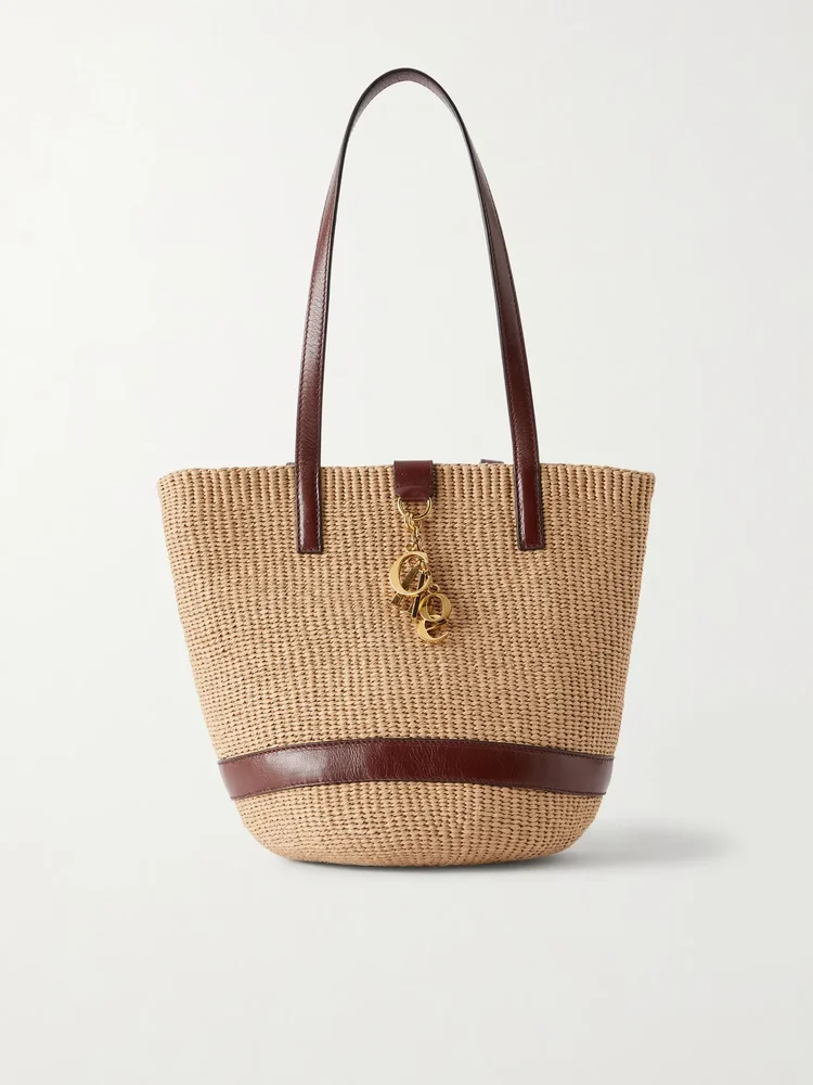 Leather-trimmed raffia tote bag
