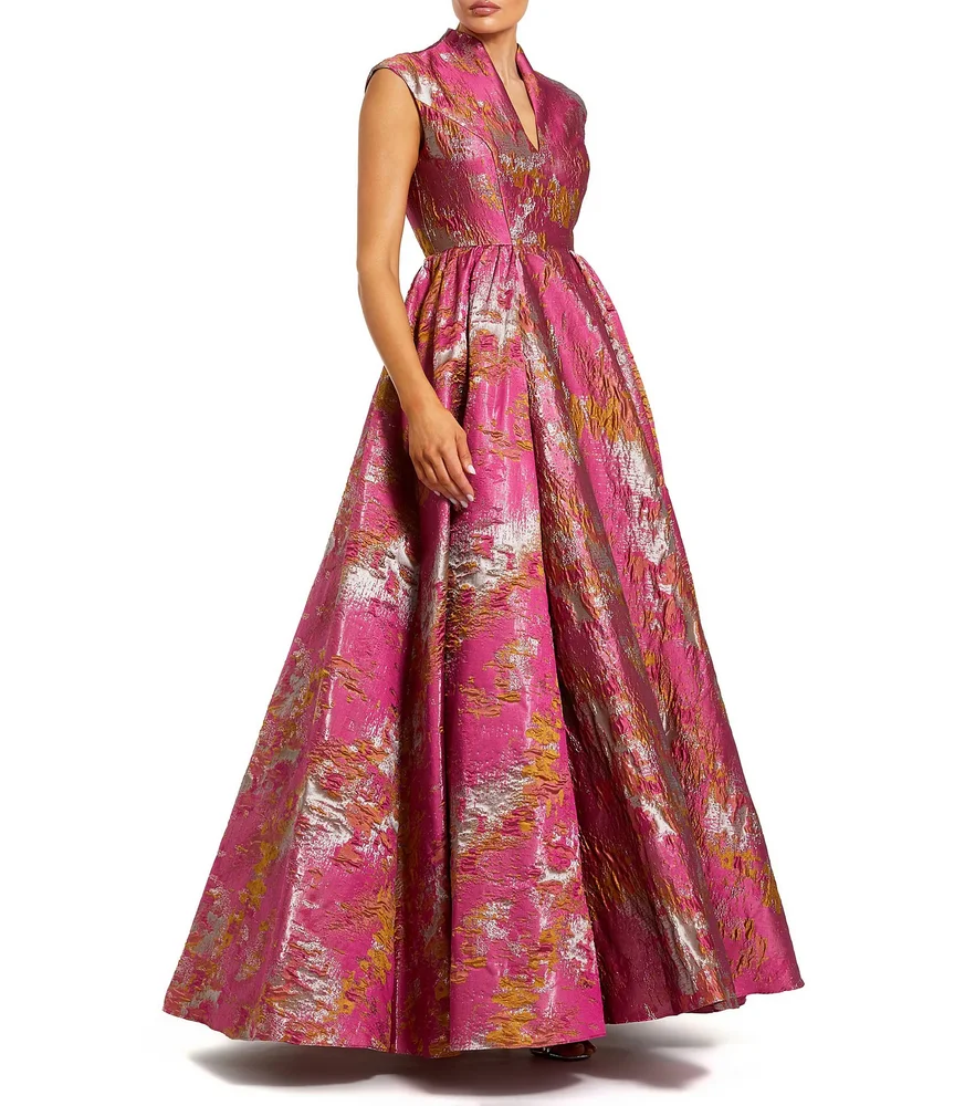 Brocade Cap Sleeve V-Neck Pocket Ballgown