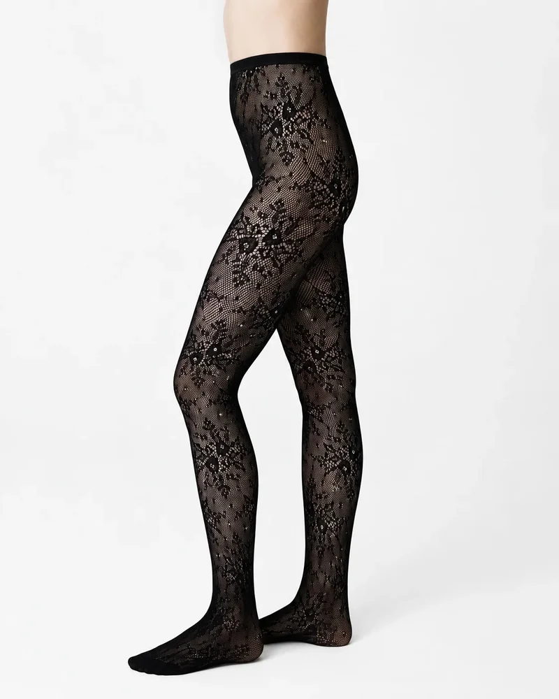 Rosa Lace Rhinestone Tights (Black)