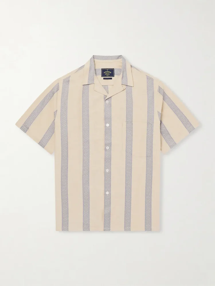 Lousada Camp-Collar Embroidered Striped Cotton Shirt