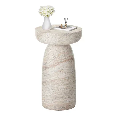 28" Large Geometric Pedestal Side Table for Poolside, Balcony, Living Room, Travertine