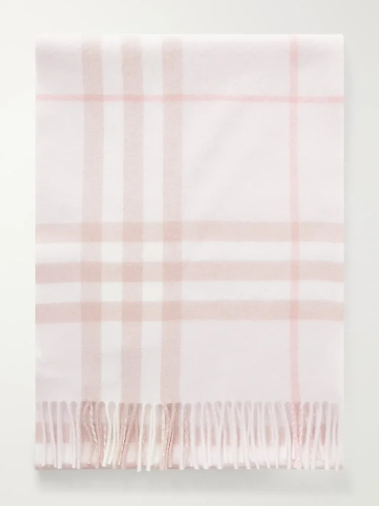 Giant Fringe-Detail Checked Cashmere Scarf, Baby Pink
