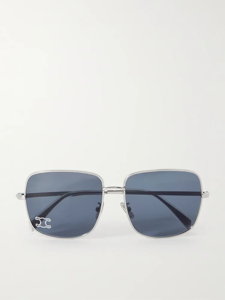 Triomphe crystal-embellished square-frame silver-tone sunglasses