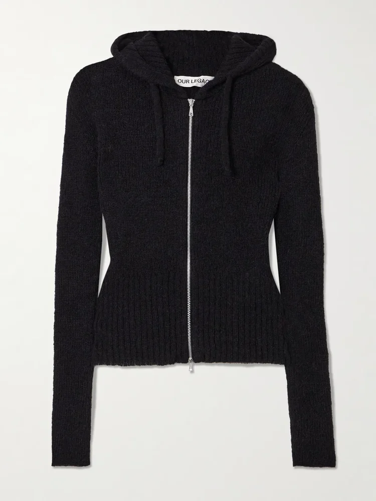 compact hooded ribbed brushed alpaca blend cardigan