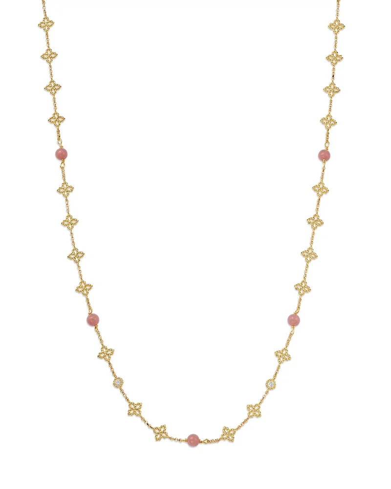 18K Yellow Gold Principessa Pink Opal & Diamond Flower Station Necklace, 16-18"