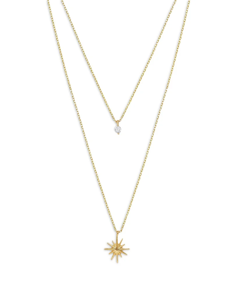 Cubic Zirconia & Starburst Layered Pendant Necklace in 18K Gold Plated, 15"-17"