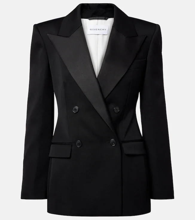Double-breasted satin-trimmed wool blazer
