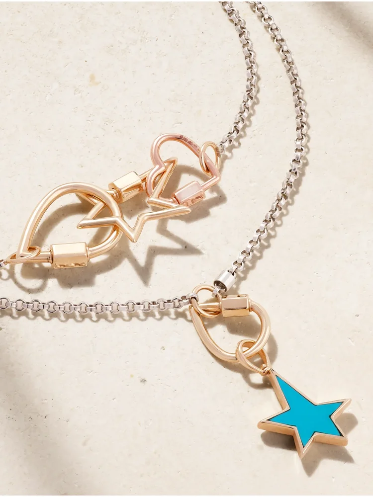 Baby Heartlock + Starlock + Baby Droplock + 3 Loop Rolo Chain sterling silver, 14-karat yellow and rose gold and enamel necklace