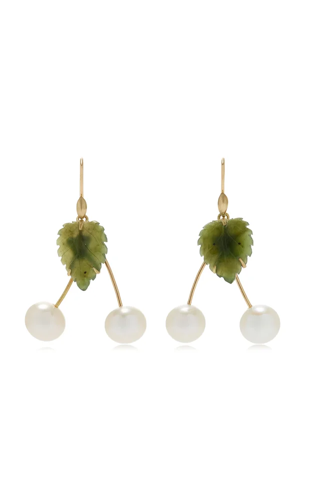 Fancy Cherry 18K Yellow Gold Pearl and Jade Earrings