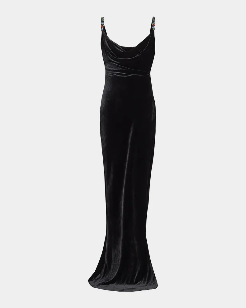 Embellished-Strap Velvet Gown