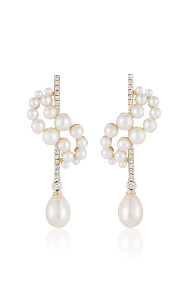 14K Yellow Gold Diamond, Pearl Earrings