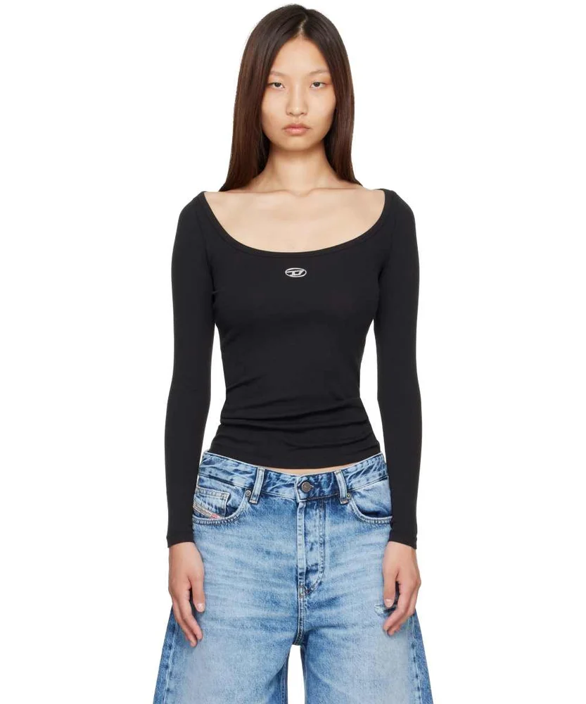 Black Long Sleeve Metallic Oval D Ribbed T-shirt