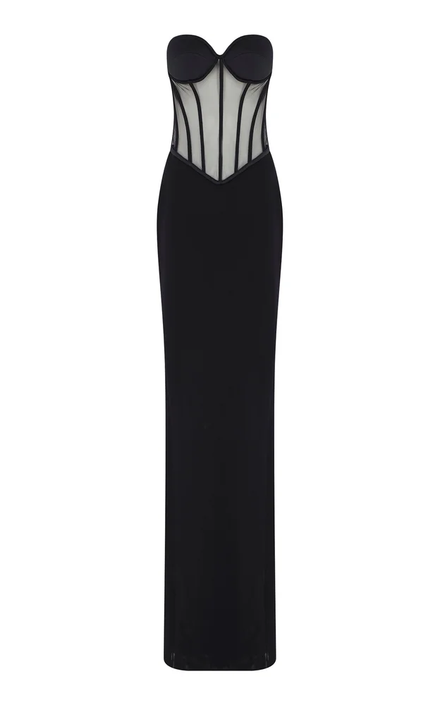 Tara Mesh-Detailed Silk-Satin Corseted Maxi Dress
