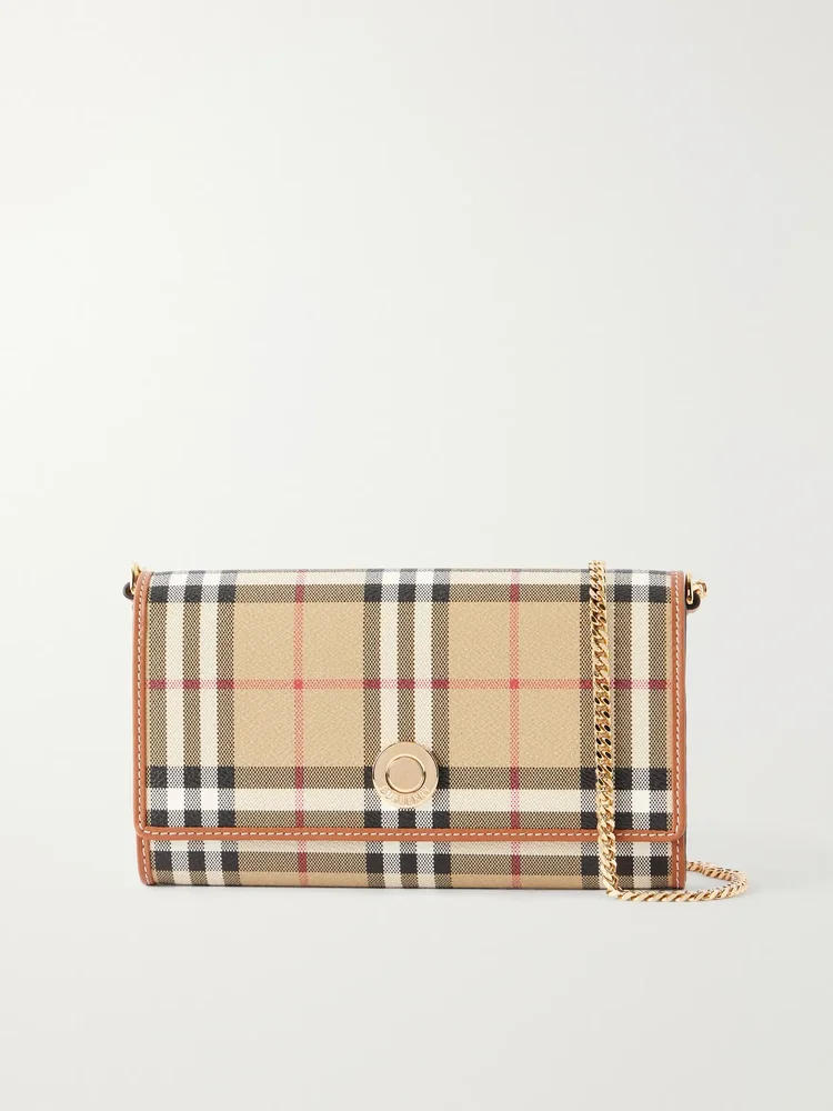 Checked leather-trimmed coated canvas clutch