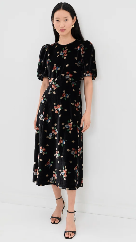 Leda Velvet Puff Sleeve Midi Dress