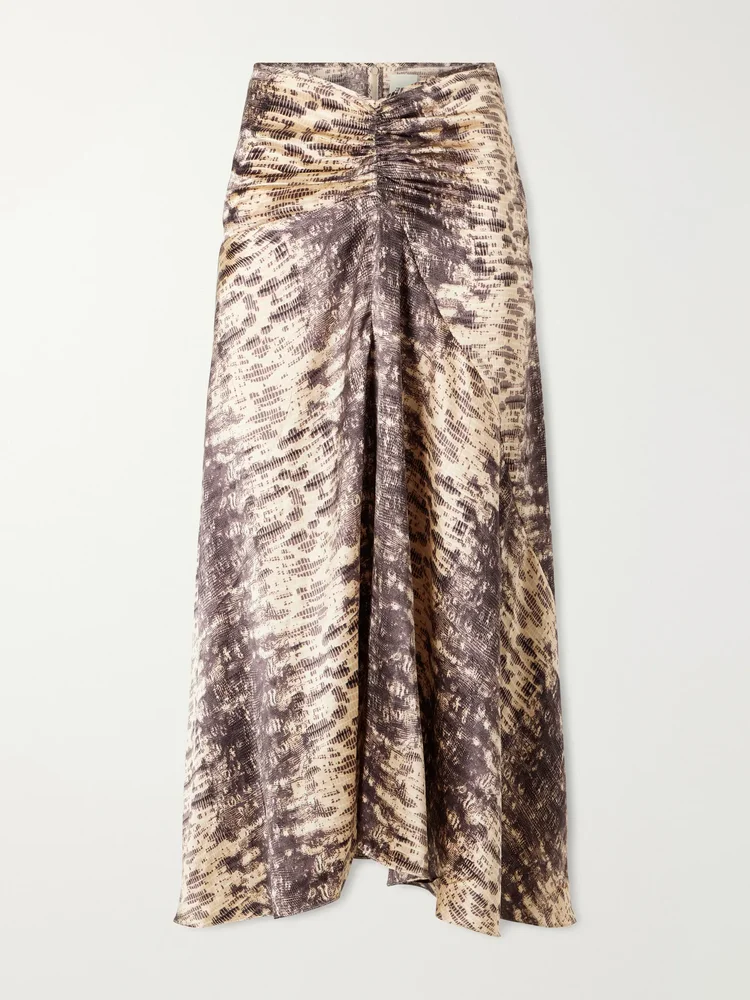 Laren gathered printed silk-crepe midi skirt