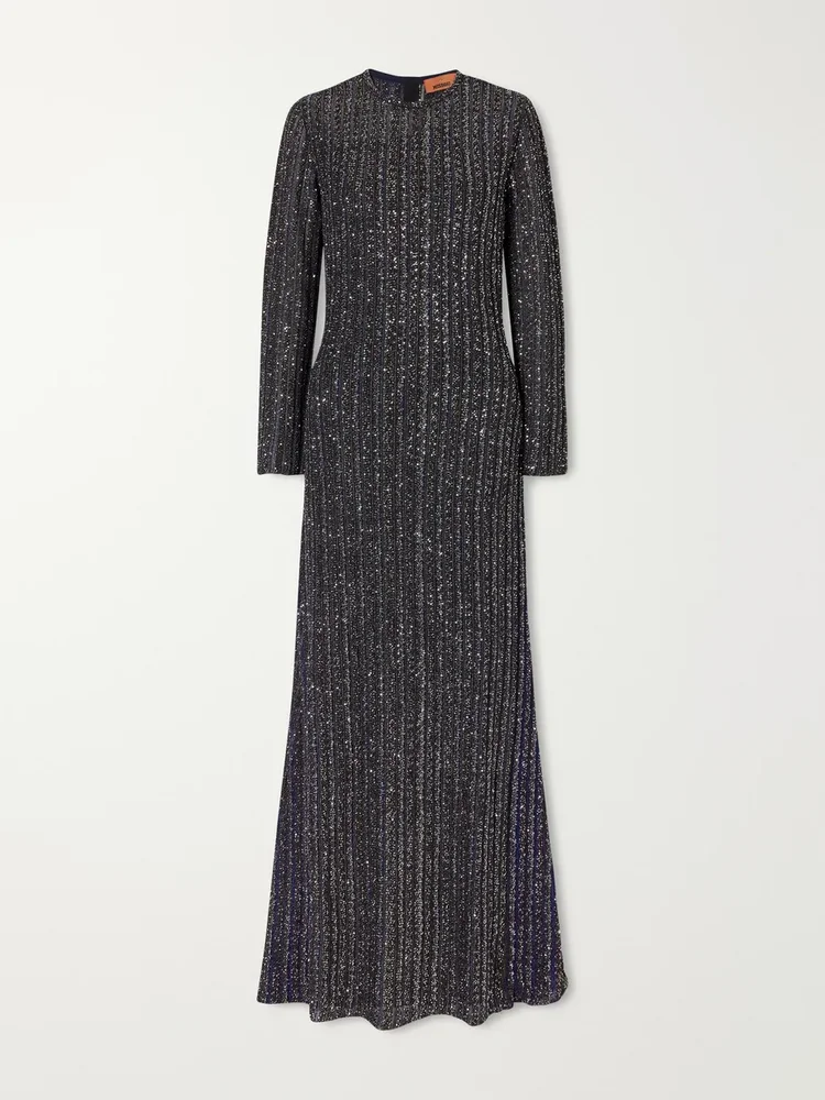 Sequin-embellished ribbed-knit maxi dress