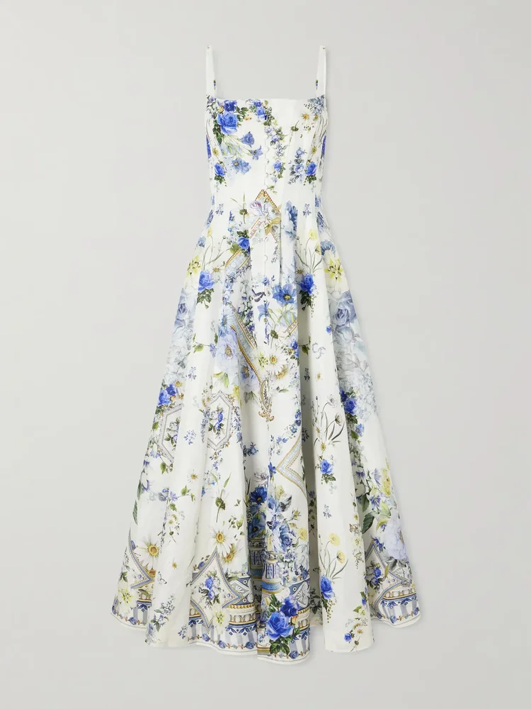 Embellished floral-print linen and silk-blend midi dress