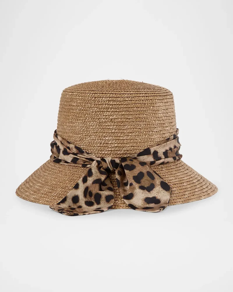 Ramona Straw Bucket Hat with Leopard-Print Bow