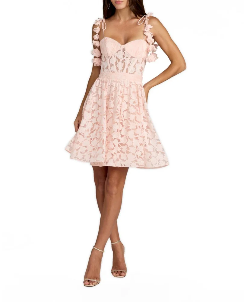Floral Net Tie Strap Bustier Ruffle Mini Dress