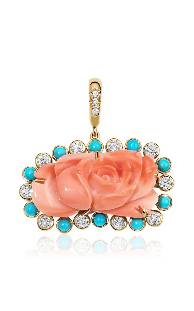 14K Yellow Gold, Coral And Diamond Pendant