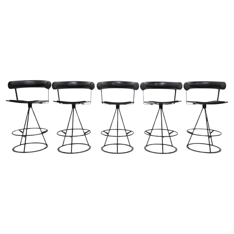 Saporiti Leather and Suede Swivel Bar Stools, Set of Five.