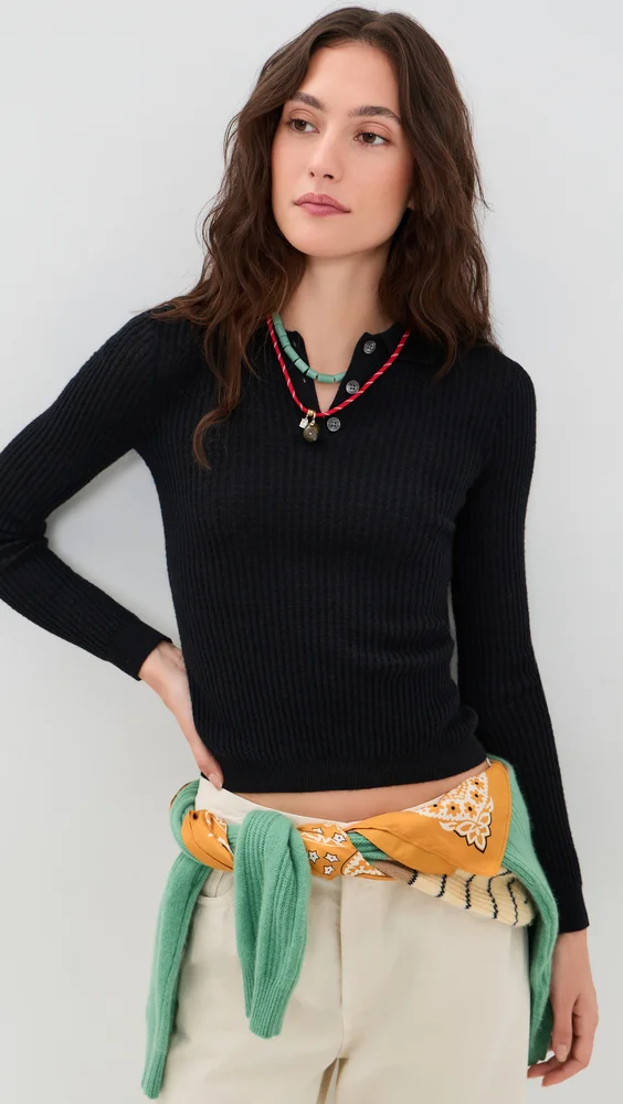 Long Sleeve Cashmere Shrunken Polo