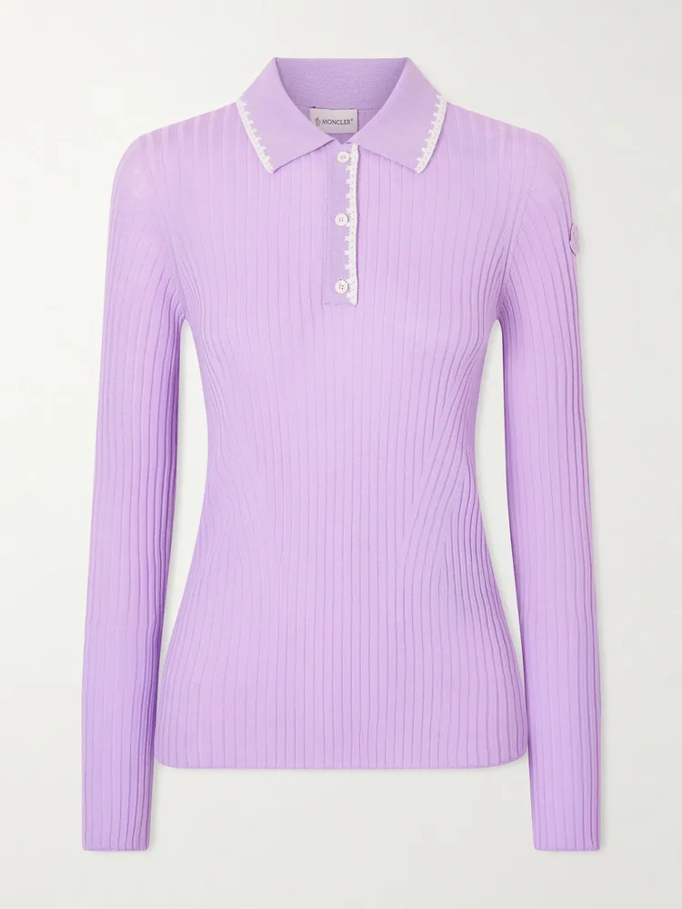 Appliquéd embroidered ribbed wool polo shirt