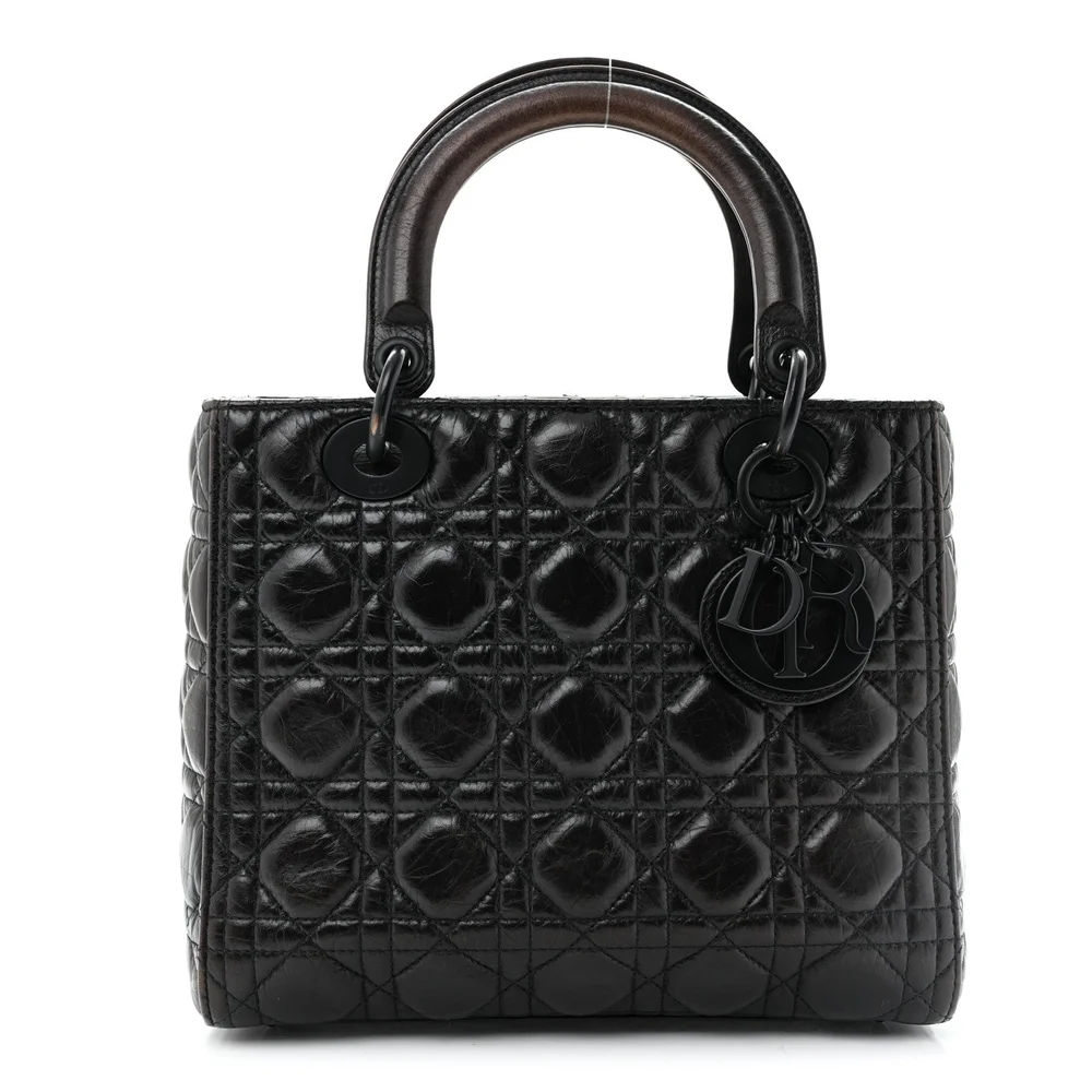 Pre-Owned Very Good Crinkled Calfskin Cannage Medium Lady Dior Black