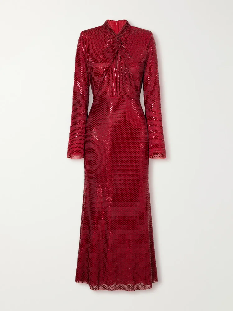Twisted sequined mesh midi dress