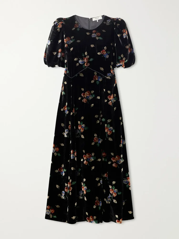 Leda floral-patterned velvet midi dress