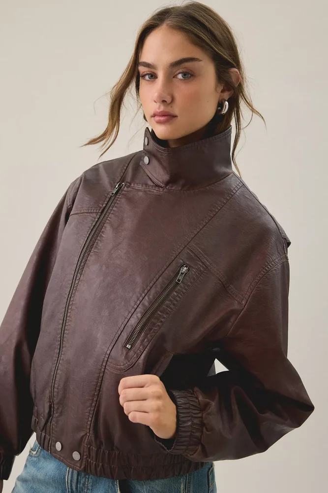 Freddie Funnel Neck Faux Leather Bomber Jacket