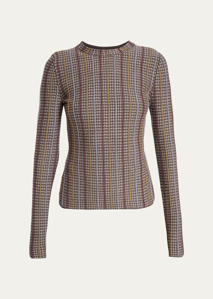 Pons Cashmere-Silk Striped Houndstooth Crewneck Sweater