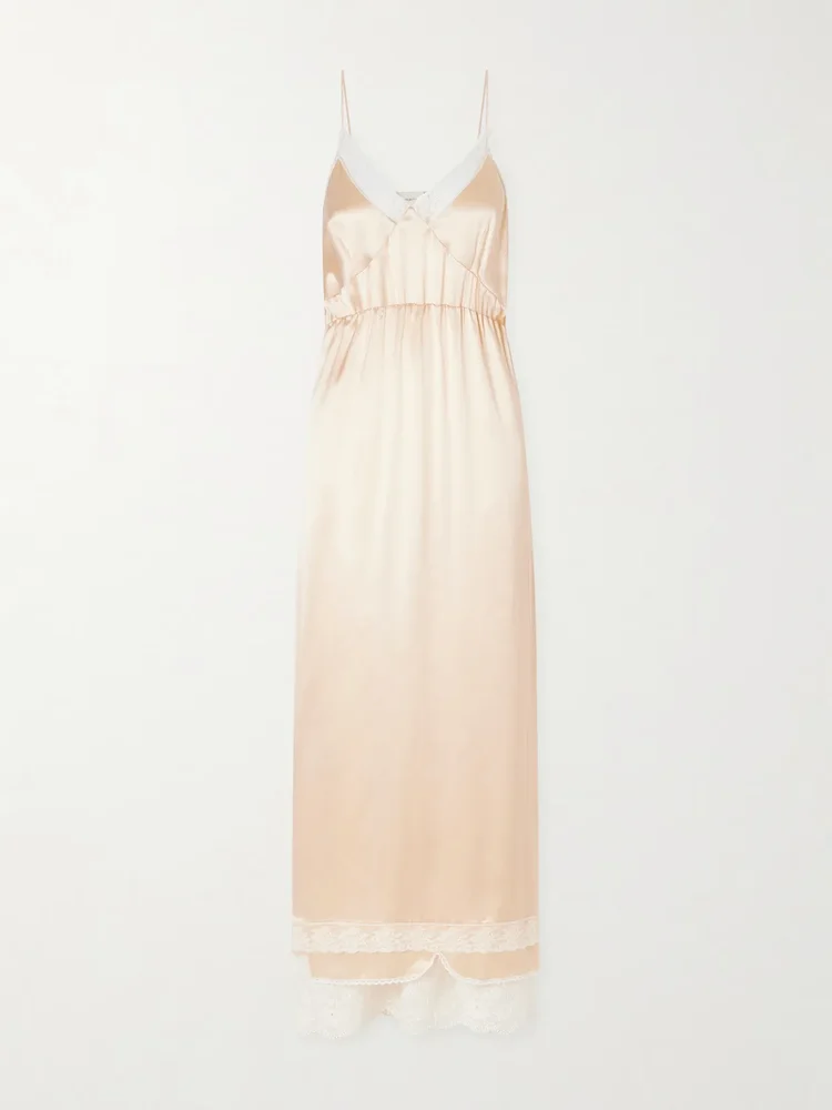 Lace-trimmed silk satin maxi dress